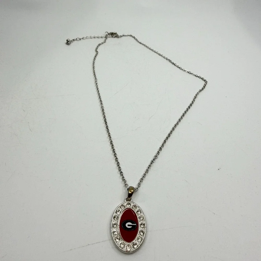 Georgia Bulldogs Sports Logo Oval Pendant Necklace Silver Tone Crystal Accent